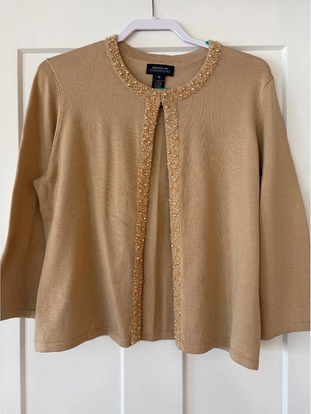Jones New York Signature Beaded Cardigan — Tan, Size XL